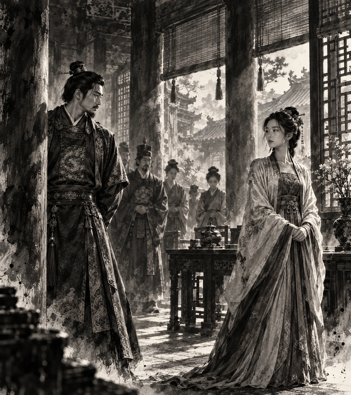 Artistic interpretation of Trần Quốc Tuấn and Princess Thiên Thành standing apart in a court setting
