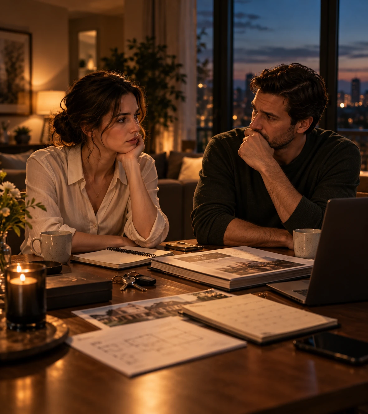 Modern illustration of a couple reviewing wedding plans and paperwork at home