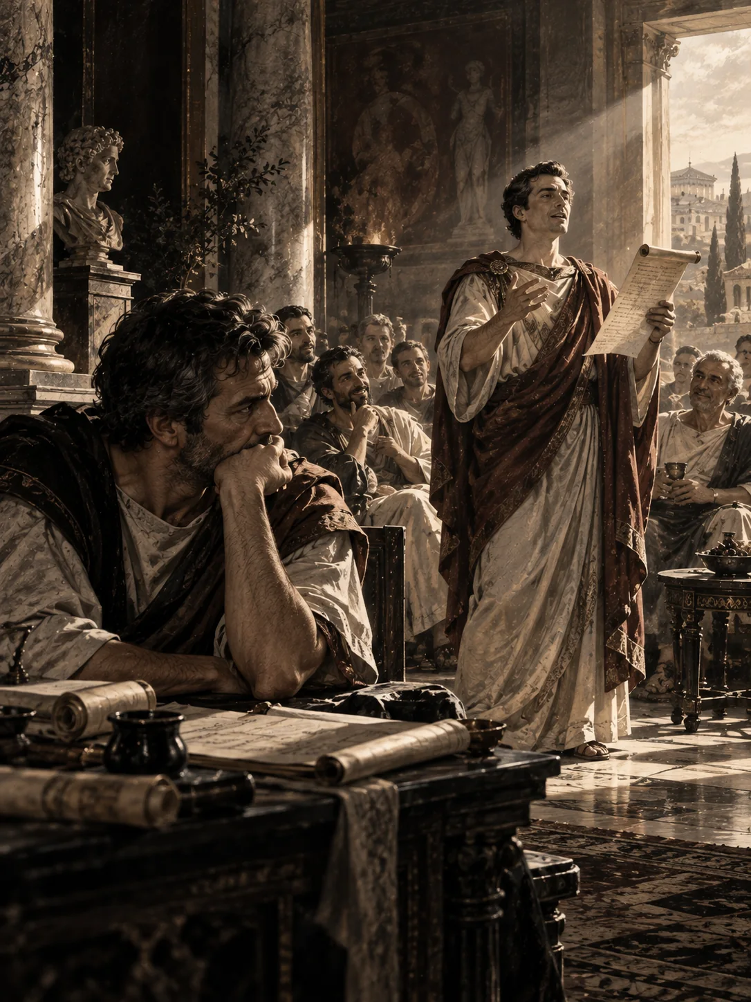 Artistic interpretation of Martial observing a Roman literary recitation as another speaker receives attention