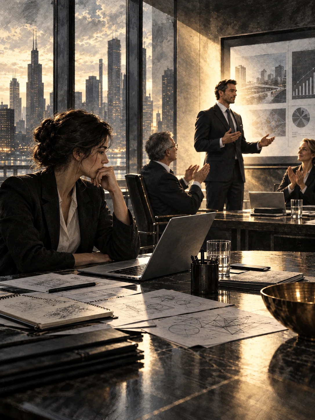 Artistic illustration of an overlooked employee with project notes as a manager is applauded in a boardroom