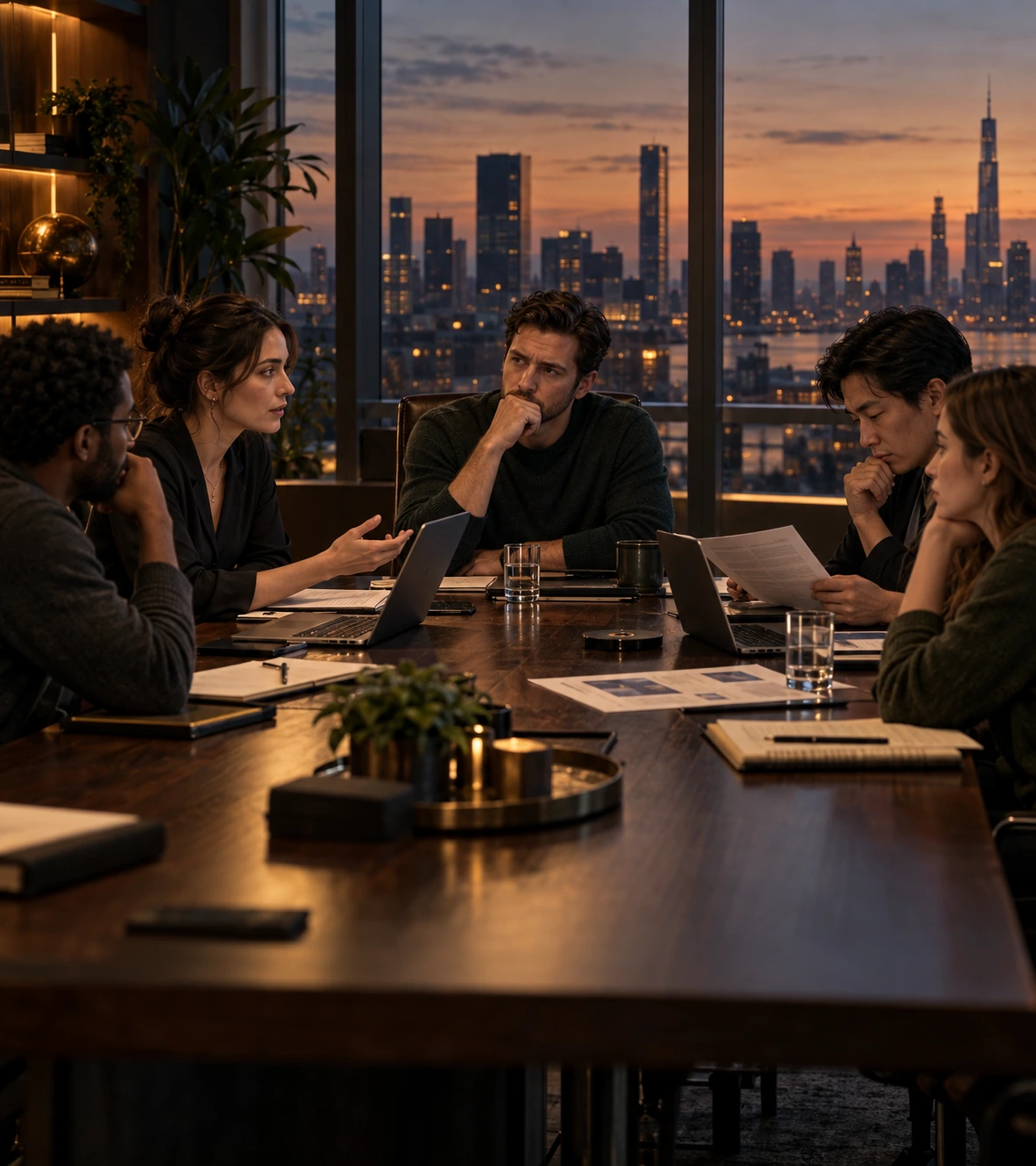 Modern illustration of a project team discussing plans around a conference table